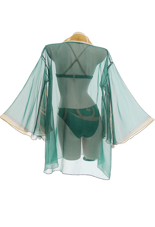 Miccostumes Trajes de baño Ms Hina Gorou Conjunto de bikini derivado Top con lazo y braguita Traje de baño de dos piezas con kimono Haori y gargantilla