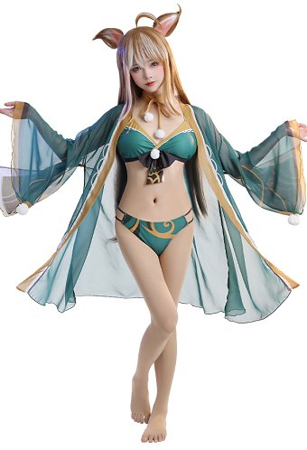Miccostumes Trajes de baño Ms Hina Gorou Conjunto de bikini derivado Top con lazo y braguita Traje de baño de dos piezas con kimono Haori y gargantilla