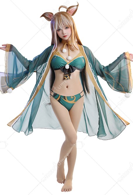 Miccostumes Swimsuits Ms Hina Riemchen Bikini Dreieckiges Cosplay Schleife Cutout Swimsuit mit Choker Chiffon Haori in Grün