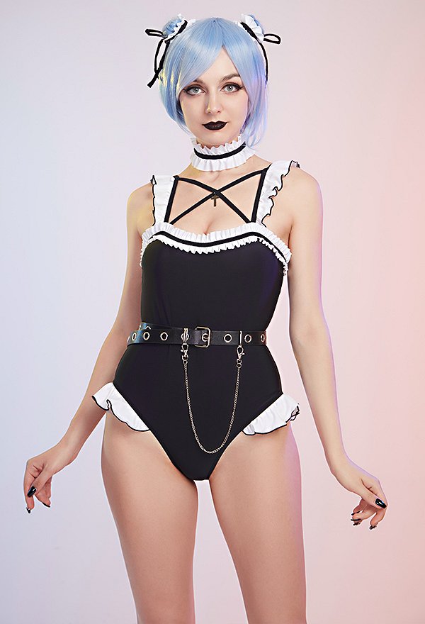 Miccostumes Swimsuits for Women Gothic Maid Style Bathing Suit Ruffled One-piece Swimwear with Headdress and Choker