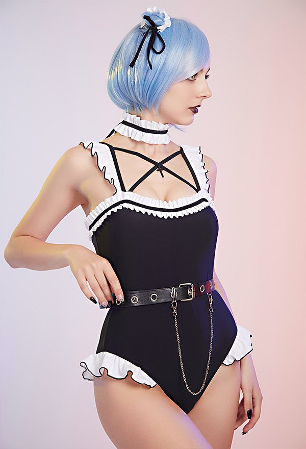 Miccostumes Swimsuits for Women Gothic Maid Style Bathing Suit Ruffled One-piece Swimwear with Headdress and Choker