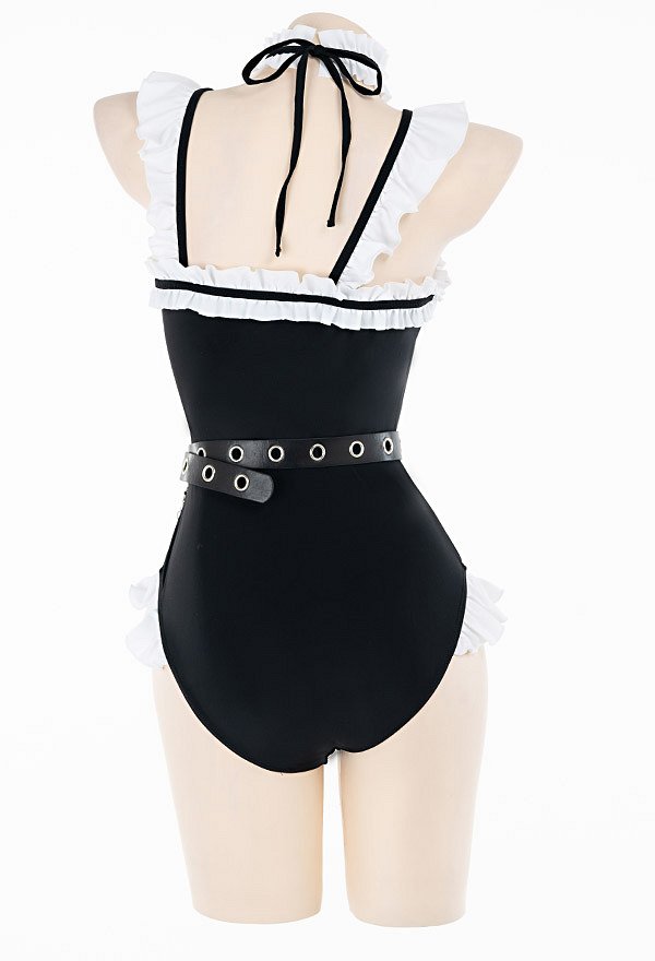 Miccostumes Swimsuits for Women Gothic Maid Style Bathing Suit Ruffled One-piece Swimwear with Headdress and Choker