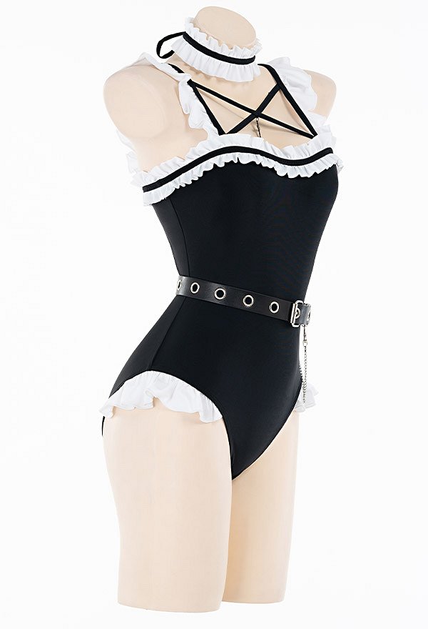 Miccostumes Swimsuits for Women Gothic Maid Style Bathing Suit Ruffled One-piece Swimwear with Headdress and Choker