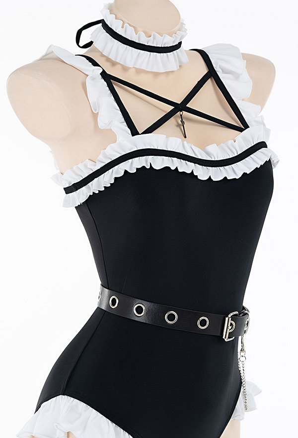 Miccostumes Swimsuits for Women Gothic Maid Style Bathing Suit Ruffled One-piece Swimwear with Headdress and Choker