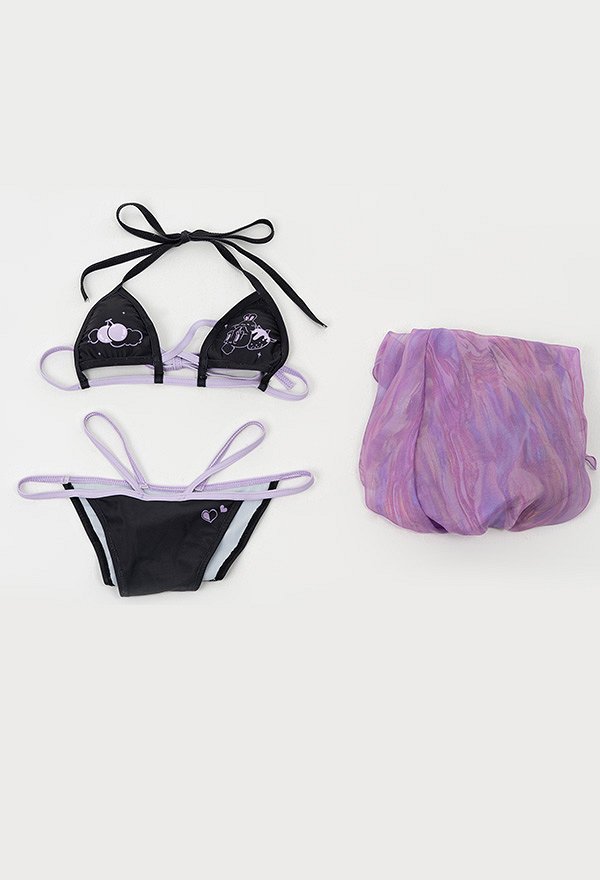 Miccostumes Trajes de baño para mujer Traje de baño kawaii Conjunto de bikini con estampado de conejito y pareo de gasa