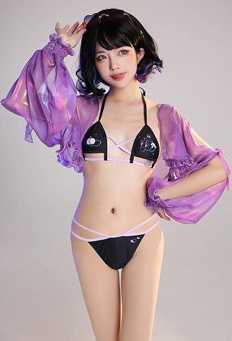 Miccostumes Trajes de baño para mujer Traje de baño kawaii Conjunto de bikini con estampado de conejito y pareo de gasa