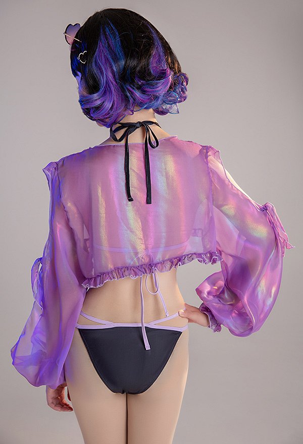 Miccostumes Trajes de baño para mujer Traje de baño kawaii Conjunto de bikini con estampado de conejito y pareo de gasa