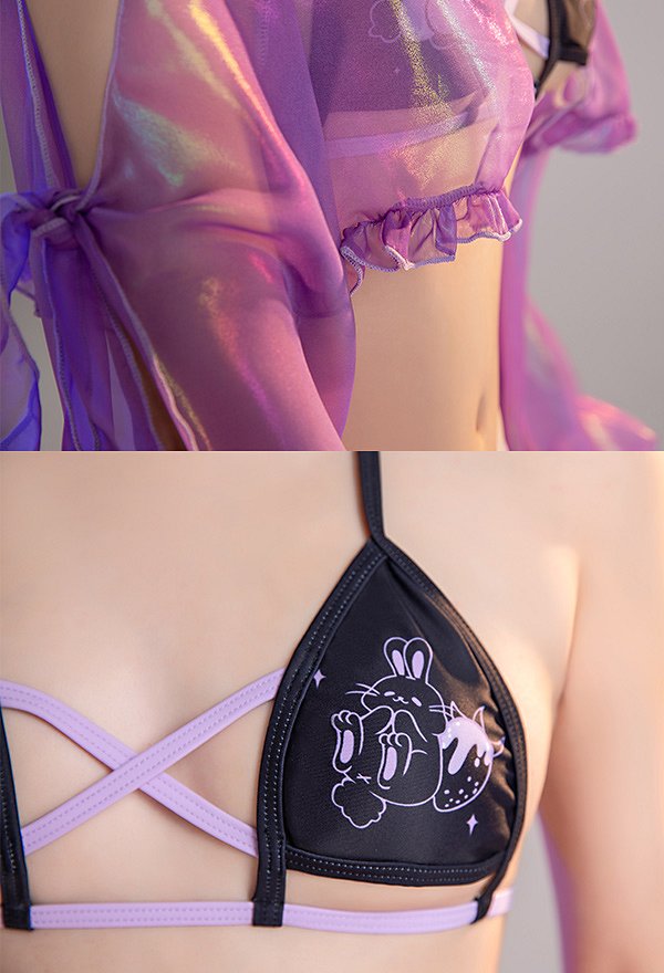 Miccostumes Trajes de baño para mujer Traje de baño kawaii Conjunto de bikini con estampado de conejito y pareo de gasa