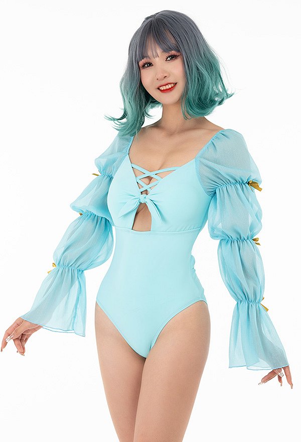 Miccostumes Swimsuits for Women Retro Style Bathing Suit Puff Sleeve One-piece Swimwear with Tulle Skirt