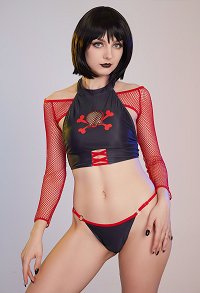 PIRAT Damen Gothic Totenkopf Muster Zweiteiliger Badeanzug Schwarz Rot Halfter Badeanzug mit Mesh Cover-Up