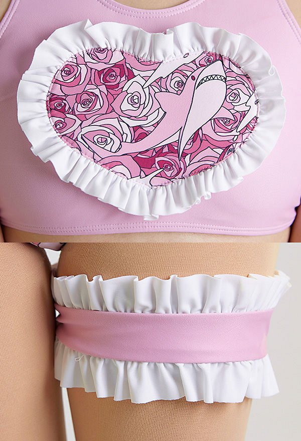 Miccostumes Swimsuits Sportlicher Bikini Rose Herz Muster mit Rüschen Miccostumes Swimsuits Sportlicher Bikini Rose Herz Muster mit Rüschen