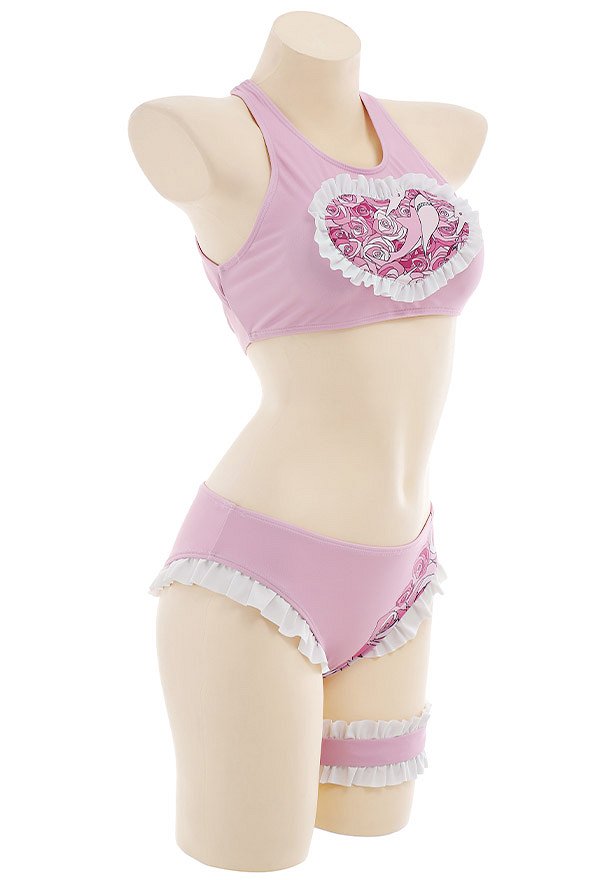 Miccostumes Swimsuits Sportlicher Bikini Rose Herz Muster mit Rüschen Miccostumes Swimsuits Sportlicher Bikini Rose Herz Muster mit Rüschen
