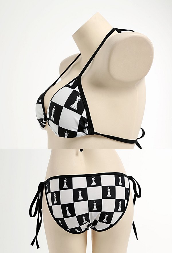 Halter Bikini Set Black White Plaid Pattern Two Piece Bathing Suit Beach Swimsuit