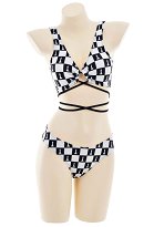 Cross Lace-up Bikini Set Black White Plaid Pattern Two Piece Beach Swimsuit