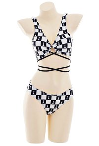Cross Lace-up Bikini Set Black White Plaid Pattern Two Piece Beach Swimsuit