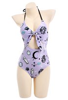 Halter One-piece Swimming Suit Gothic Pattern Hollow Bodysuit Bathing Suit
