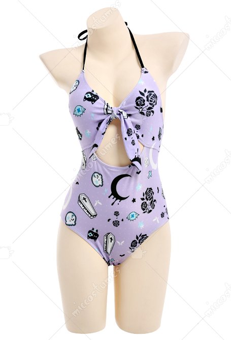 Halter One-piece Swimming Suit Gothic Pattern Hollow Bodysuit Bathing Suit