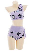High Waisted Two-Piece Swimsuit Gothic Pattern One-Shoulder Bathing Suit