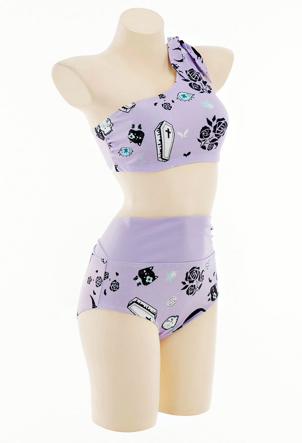 High Waisted Two-Piece Swimsuit Gothic Pattern One-Shoulder Bathing Suit High Waisted Two-Piece Swimsuit Gothic Pattern One-Shoulder Bathing Suit