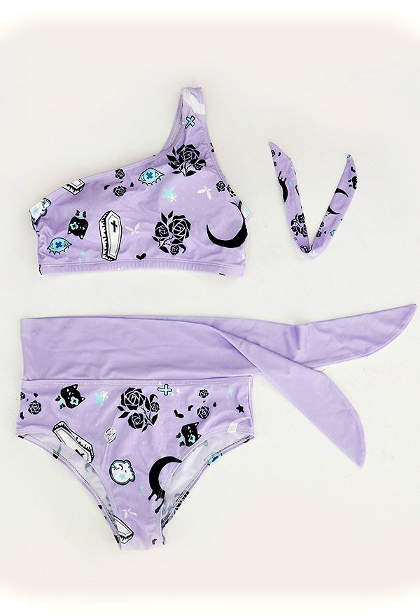 High Waisted Two-Piece Swimsuit Gothic Pattern One-Shoulder Bathing Suit High Waisted Two-Piece Swimsuit Gothic Pattern One-Shoulder Bathing Suit