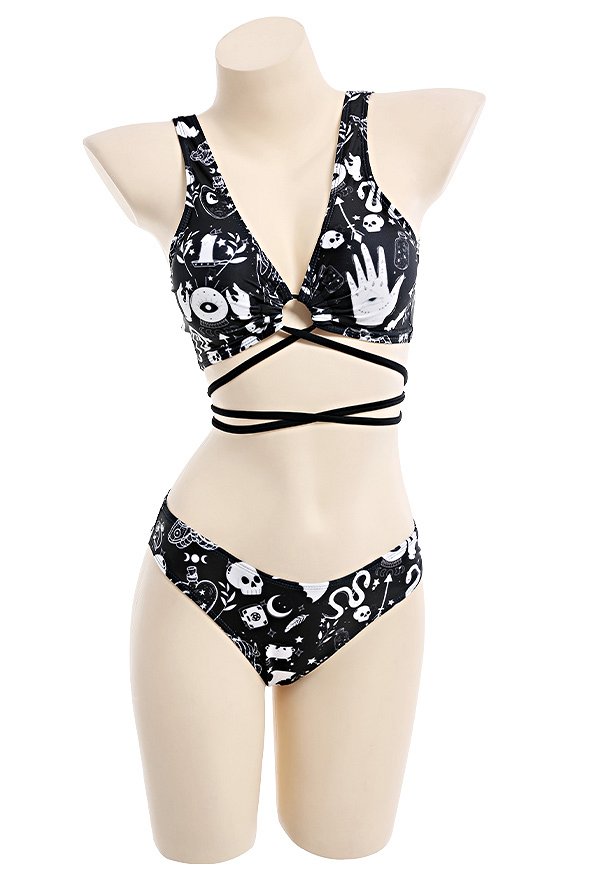 Conjunto de bikini cruzado con cordones y estampado de bruja bañador de dos piezas para la playa