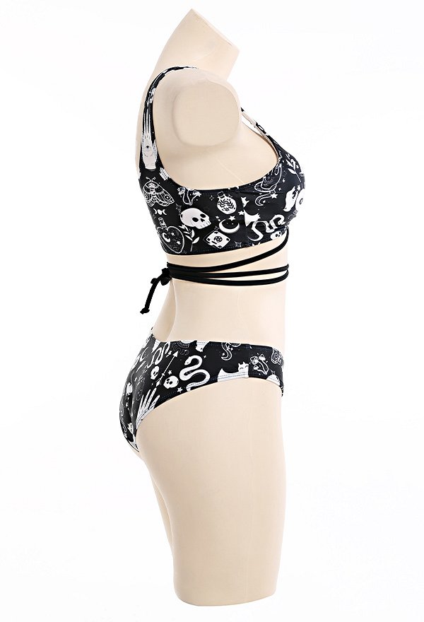Conjunto de bikini cruzado con cordones y estampado de bruja bañador de dos piezas para la playa