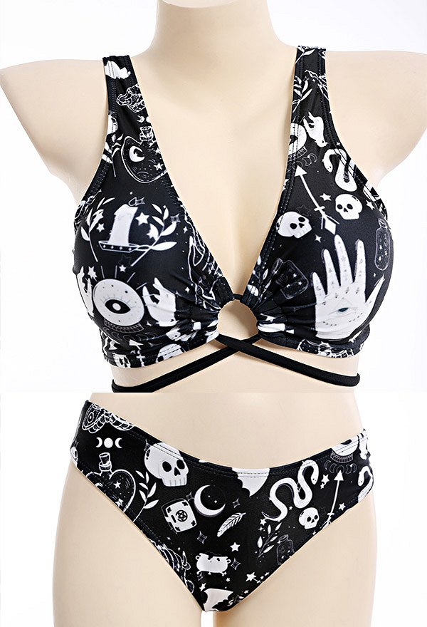 Conjunto de bikini cruzado con cordones y estampado de bruja bañador de dos piezas para la playa