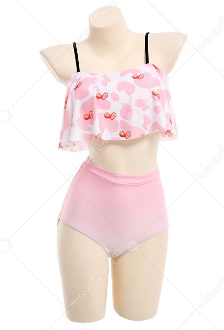 Maillot de bain rose à motif fraise et volants deux pièces