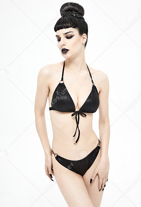 Devil Fashion Alternative Gothic Badeanzug Schwarz Tief V Ausschnitt Schleifenknoten Halfter Emo Bikinioberteil Plus Größe