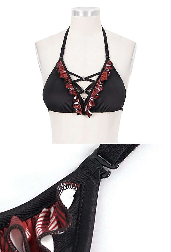 Devil Fashion School Plaid Gothic Bikinis Black Red Lace-Up Ruffle Decorated Halter Gothic Bikini Top Plus Size