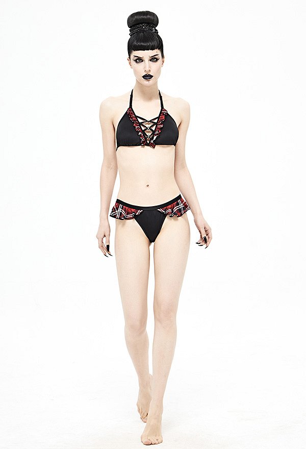 Devil Fashion School Plaid Gothic Bikinis Black Red Lace-Up Ruffle Decorated Halter Gothic Bikini Top Plus Size