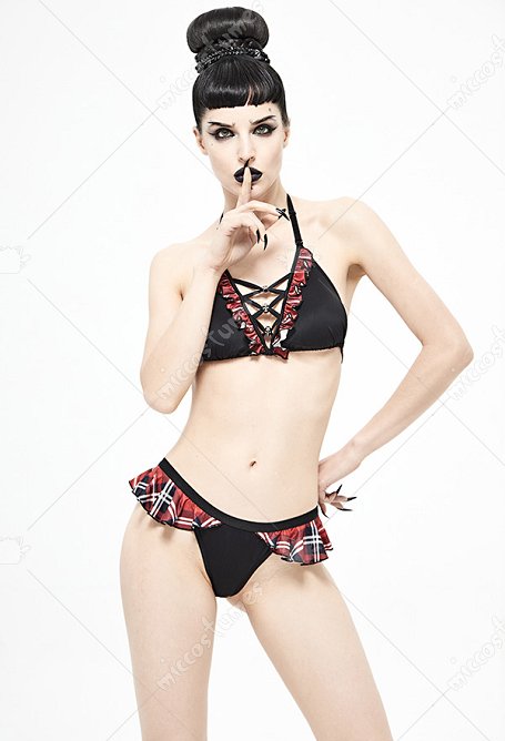 Devil Fashion Schule Kariert Gothic Bikinis Schwarz Rot Schnürung Rüsche Dekoriert Halfter Gothic Bikini Top Plus Größe