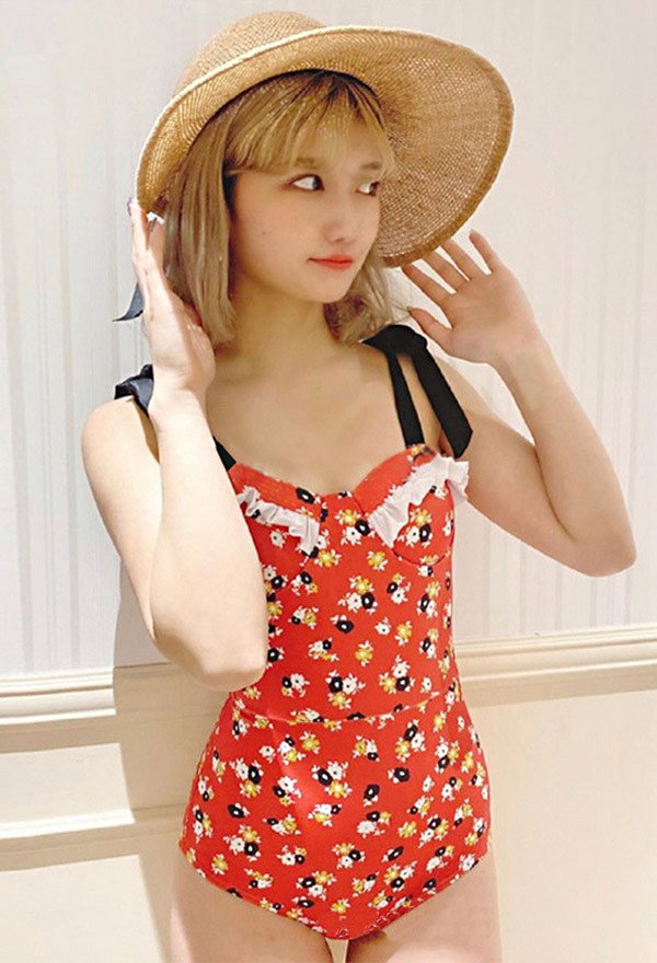 Sexy Bikini Blumen Kawaii Swimsuit Bandeau Top Geknoteter High Waist Badeanzug