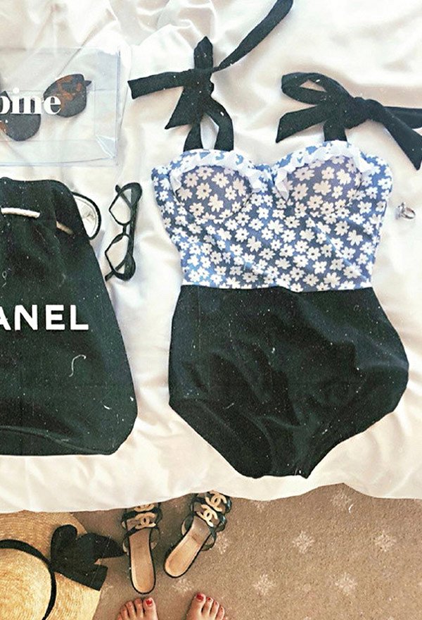 Sexy Bikini Blumen Kawaii Swimsuit Bandeau Top Geknoteter High Waist Badeanzug