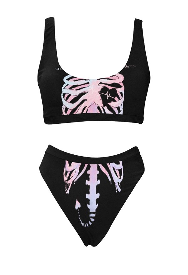 Miccostumes Swimsuits for Women Skeleton Pattern Bathing Suit High Waisted Gothic Style Two-Piece Swimwear