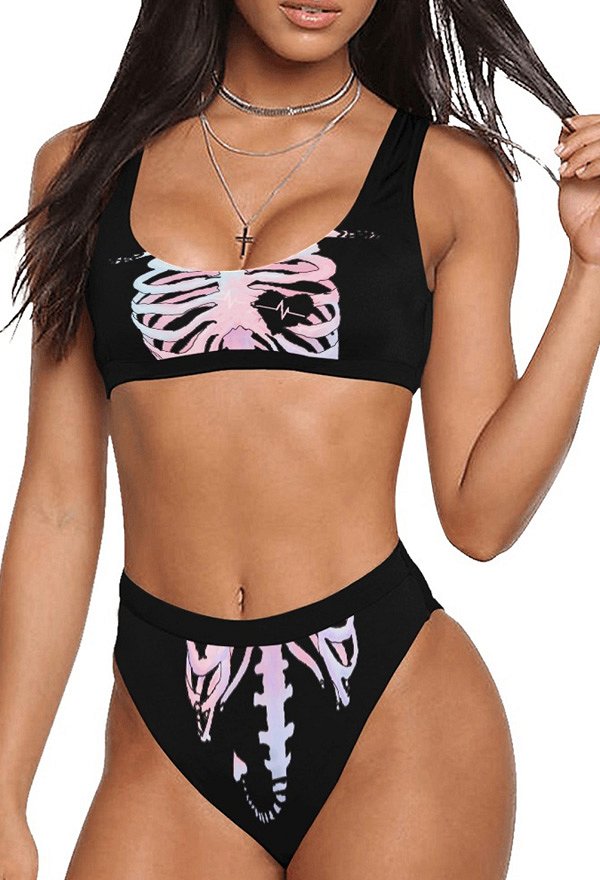 Miccostumes Swimsuits for Women Skeleton Pattern Bathing Suit High Waisted Gothic Style Two-Piece Swimwear