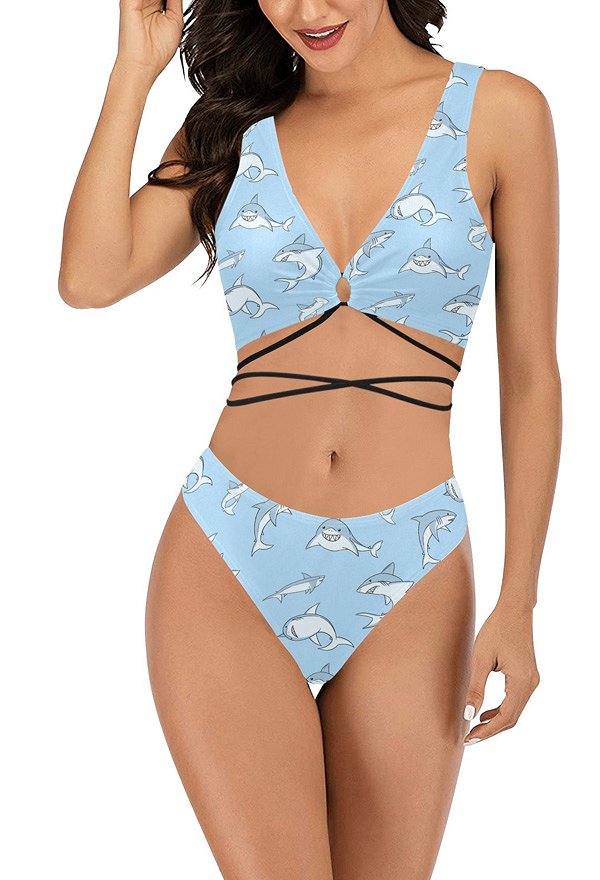 Miccostumes Swimsuits Femme Maillot de Bain Deux Pièces Bikini Bleu Motif Requin avec Sangle Croisée Miccostumes Swimsuits Femme Maillot de Bain Deux Pièces Bikini Bleu Motif Requin avec Sangle Croisée