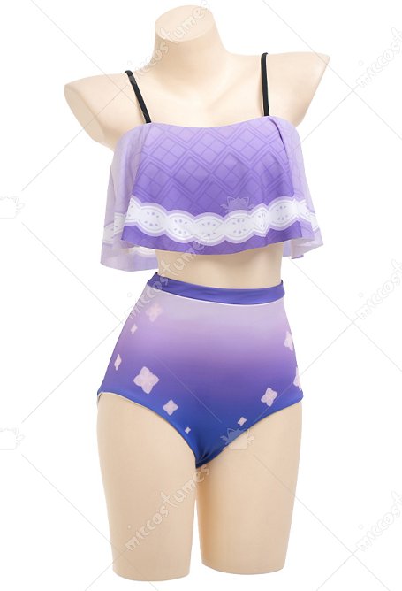 Raiden Shogun Bikini Cosplay Rüschen Bikini High Waist Bikini Sling Swimsuit in Lila