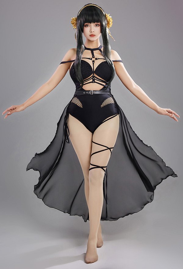 Maillot de bain une pièce dérivé Yor coupe dos nu découpes en maille jupe portefeuille en mousseline et bandeau