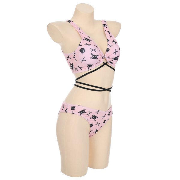 Miccostumes Swimsuits for Women Pink Skull Cat Pattern Swimwear Sexy Bathing Suit Cross Lace-up Bikini Sets