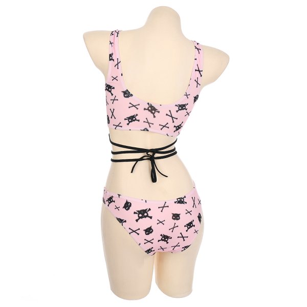 Miccostumes Swimsuits for Women Pink Skull Cat Pattern Swimwear Sexy Bathing Suit Cross Lace-up Bikini Sets