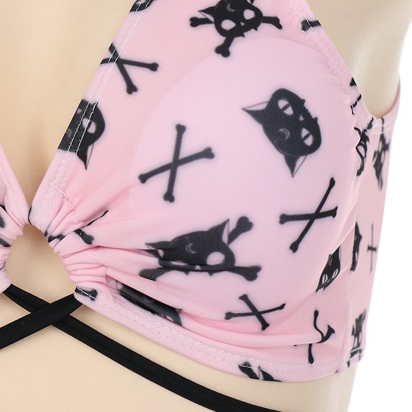 Miccostumes Swimsuits for Women Pink Skull Cat Pattern Swimwear Sexy Bathing Suit Cross Lace-up Bikini Sets
