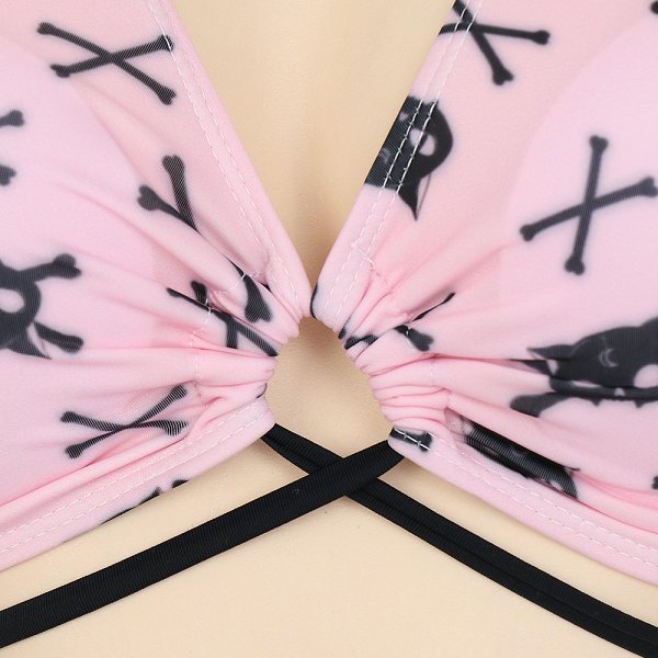 Miccostumes Swimsuits for Women Pink Skull Cat Pattern Swimwear Sexy Bathing Suit Cross Lace-up Bikini Sets