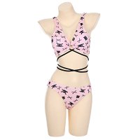 Miccostumes Swimsuits for Women Pink Skull Cat Pattern Swimwear Sexy Bathing Suit Cross Lace-up Bikini Sets