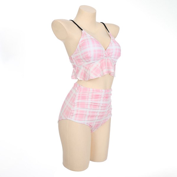 Miccostumes Swimsuits for Women Pink Plaid Pattern Bikini Swimwear with Ruffle Hem Halter Top and Bottoms Bikini Sets