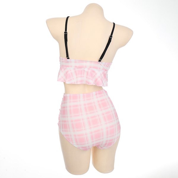 Miccostumes Swimsuits for Women Pink Plaid Pattern Bikini Swimwear with Ruffle Hem Halter Top and Bottoms Bikini Sets