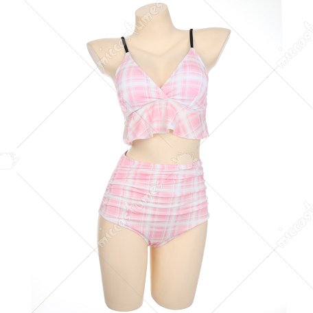 Miccostumes Badeanzug Damen Rosa Kariertes Muster Bikini Swimsuit Rüschen Neckholder Top Bikini Sets