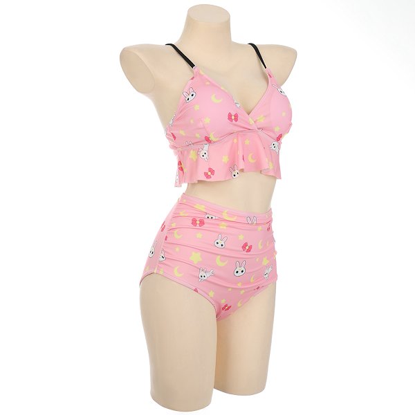 Miccostumes Swimsuits for Women Moon Rabbit Pattern Bikini Swimwear with Ruffle Hem Halter Top and Bottoms Bikini Sets