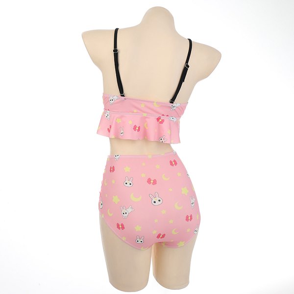 Miccostumes Swimsuits for Women Moon Rabbit Pattern Bikini Swimwear with Ruffle Hem Halter Top and Bottoms Bikini Sets