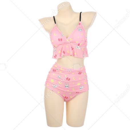 Miccostumes Swimsuits for Women Traje de baño de bikini con estampado de conejo lunar top y braguita halter con dobladillo con volantes